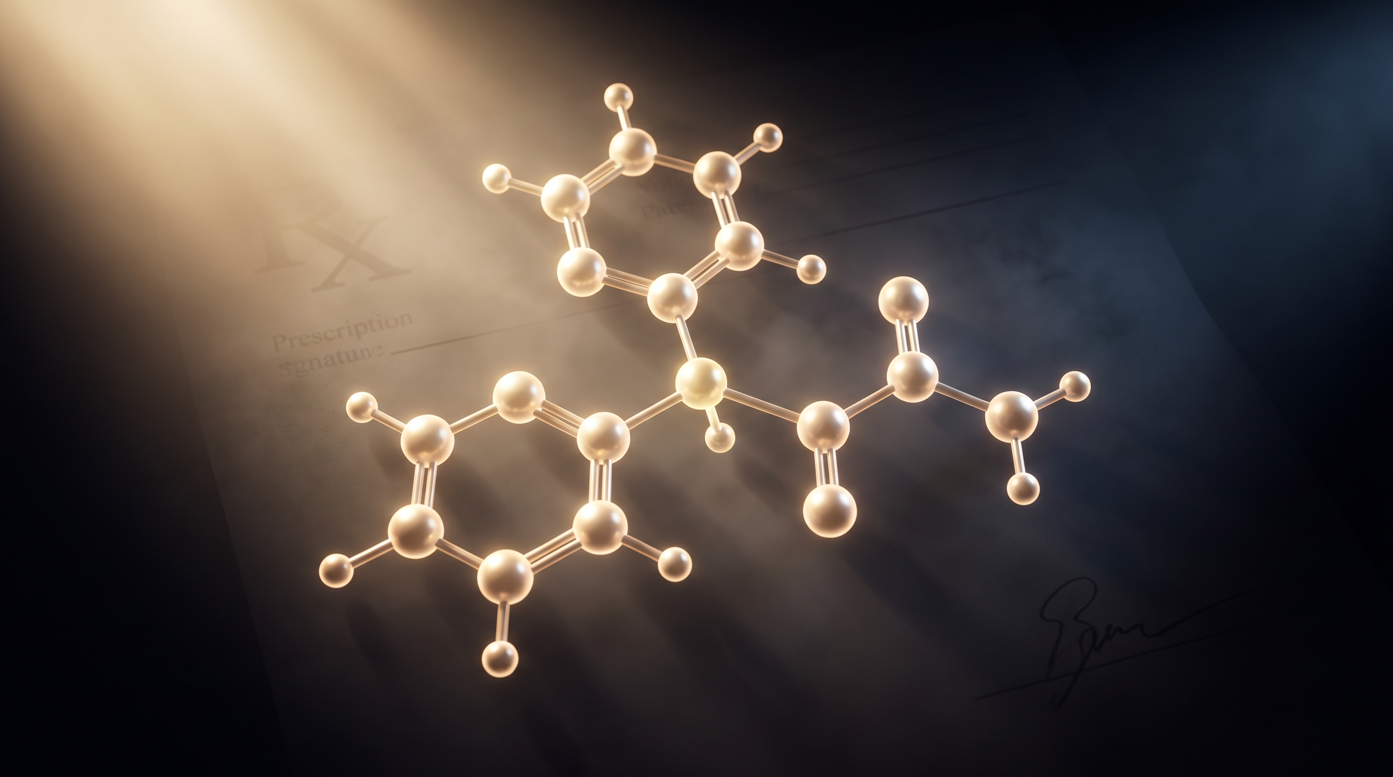 Modafinil molecular structure with prescription pad texture